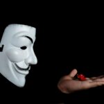 Side view of an anonymous mask facing a hand holding a red flower against a black background.